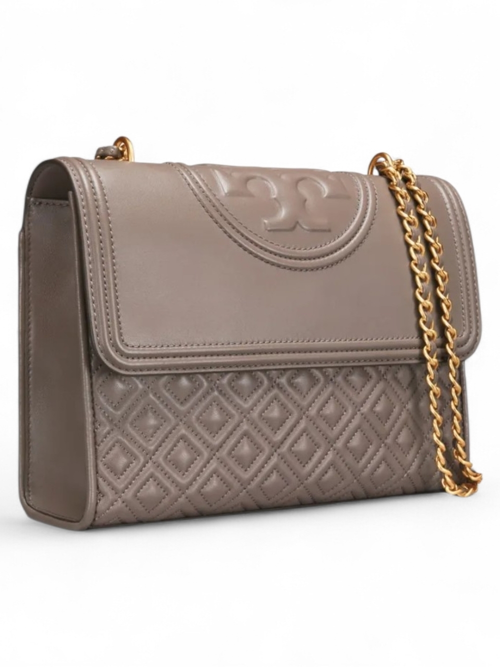 Tory Burch Fleming Silver Maple Taupe Leather Convetible Shoulder Bag